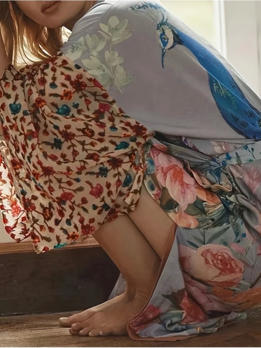 Floral Peacock Print Lavender Wrap Dress - Picture 4 of 10